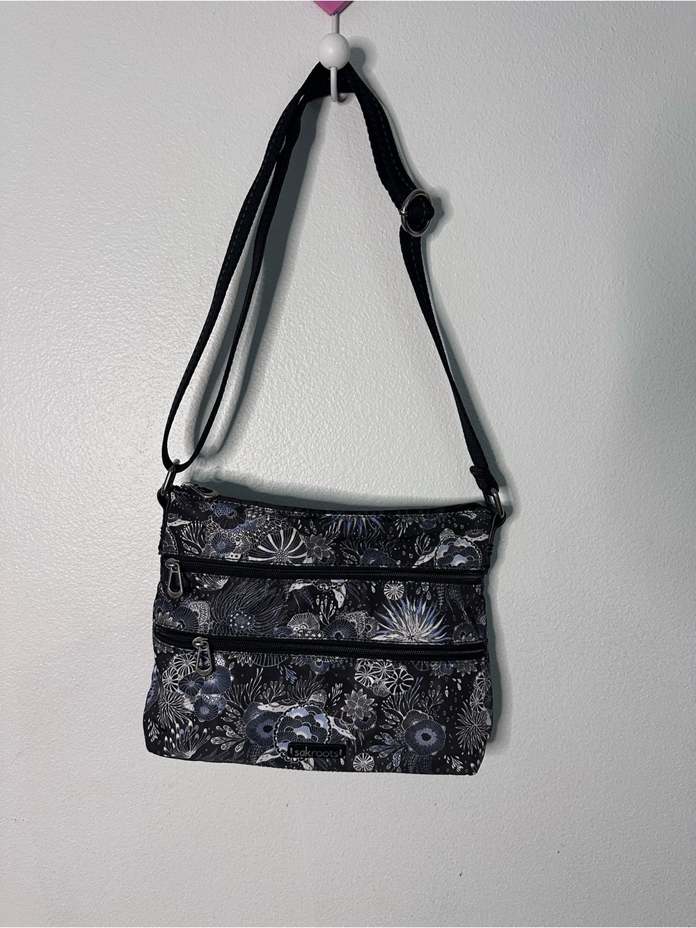 Sakroots Black and Gray Floral Crossbody Bag